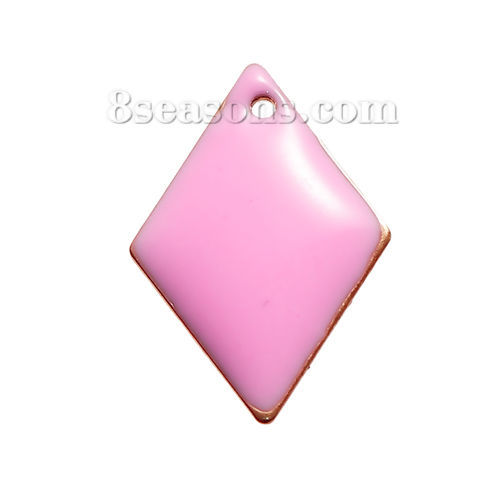 Picture of Brass Enamelled Sequins Charms Rhombus Unplated Pink Enamel 16mm( 5/8") x 11mm( 3/8"), 10 PCs                                                                                                                                                                 