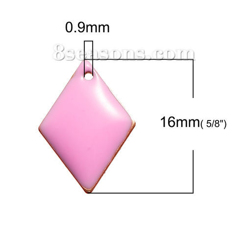 Picture of Brass Enamelled Sequins Charms Rhombus Unplated Pink Enamel 16mm( 5/8") x 11mm( 3/8"), 10 PCs