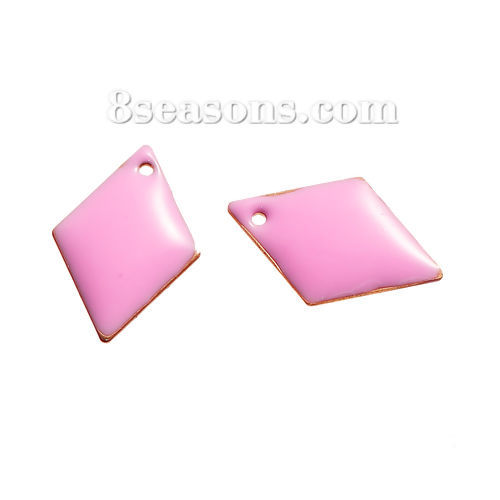 Picture of Brass Enamelled Sequins Charms Rhombus Unplated Pink Enamel 16mm( 5/8") x 11mm( 3/8"), 10 PCs