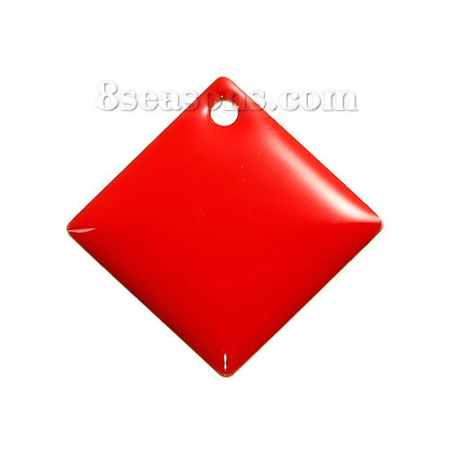 Picture of Brass Enamelled Sequins Charms Rhombus Unplated Red Enamel 24mm(1") x 24mm(1"), 5 PCs