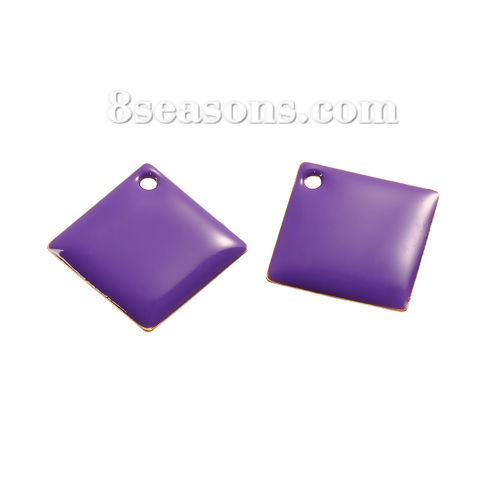 Picture of Brass Enamelled Sequins Charms Rhombus Unplated Purple Enamel 24mm(1") x 24mm(1"), 5 PCs