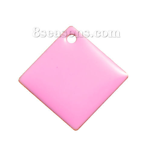 Picture of Brass Enamelled Sequins Charms Rhombus Unplated Pink Enamel 24mm(1") x 24mm(1"), 5 PCs                                                                                                                                                                        