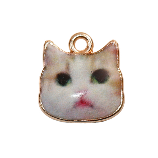 Picture of Zinc Based Alloy Charms Cat Animal Gold Plated Off-white Enamel 13mm( 4/8") x 13mm( 4/8"), 10 PCs