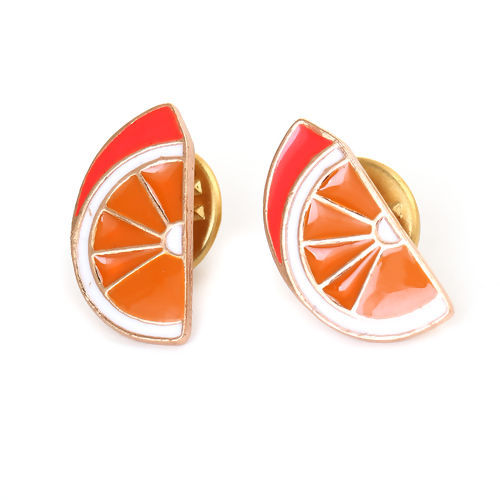 Picture of Tie Tac Lapel Pin Brooches Gold Plated Orange Fruit Orange Enamel 20mm( 6/8") x 10mm( 3/8"), 1 Piece