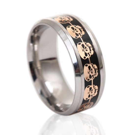 Picture of Stainless Steel Unadjustable Rings Silver Tone Golden Skull 19.1mm(US Size 9.25), 1 Piece