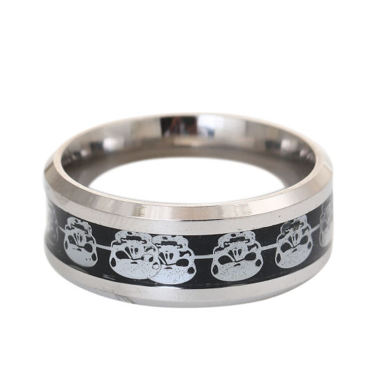 Bild von Edelstahl Uneinstellbar Ring Silberfarbe Schwarz Schädel 19.1mm（US Größe:9.25), 1 Stück