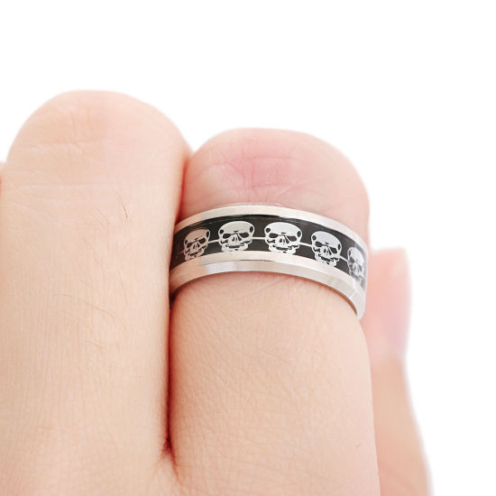 Bild von Edelstahl Uneinstellbar Ring Silberfarbe Schwarz Schädel 19.1mm（US Größe:9.25), 1 Stück
