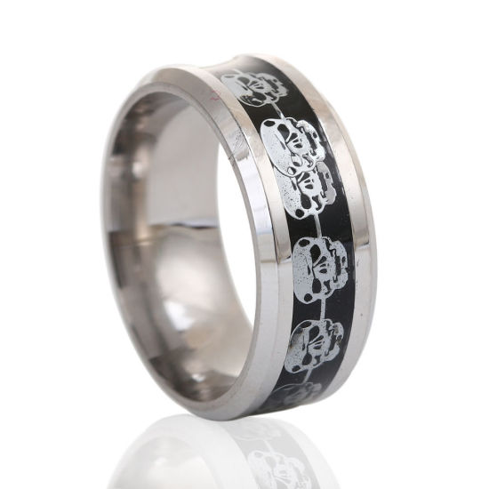 Bild von Edelstahl Uneinstellbar Ring Silberfarbe Schwarz Schädel 19.1mm（US Größe:9.25), 1 Stück