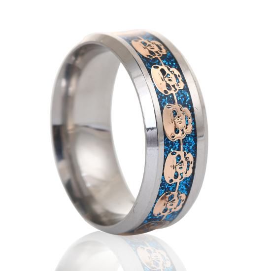 Imagen de Acero Inoxidable No Ajustable Anillos Tono de Plata Azul Cráneo 19.1mm (US Size 9.25), 1 Unidad