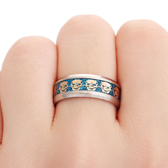 Imagen de Acero Inoxidable No Ajustable Anillos Tono de Plata Azul Cráneo 19.1mm (US Size 9.25), 1 Unidad