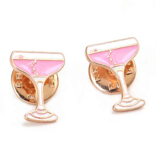 Picture of Tie Tac Lapel Pin Brooches Gold Plated Wine Glass Goblet Cup Pink Enamel 17mm( 5/8") x 13mm( 4/8"), 1 Piece