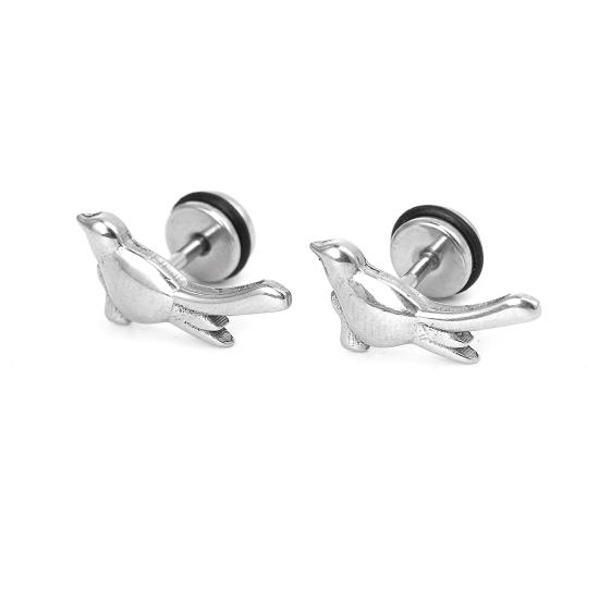 Imagen de Titanio Acero Pendientes Tono de Plata Pájaro 16mm x 8mm, Post/ Wire Size: (18 gauge), 1 Par