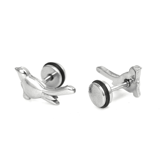 Imagen de Titanio Acero Pendientes Tono de Plata Pájaro 16mm x 8mm, Post/ Wire Size: (18 gauge), 1 Par