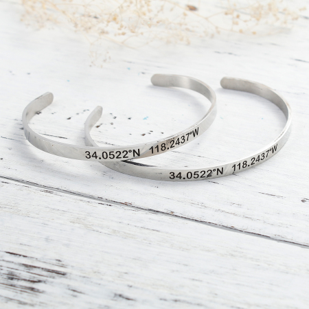 304 Stainless Steel Travel Coordinates Open Cuff Bangles Bracelets Silver Tone Message " Los Angeles 34522°N 118.2437°W " 17cm(6 6/8") long, 1 Piece
