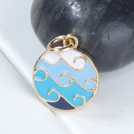 Zinc Based Alloy Pendants Wave Gold Plated Blue Round Disc Enamel 22mm( 7/8") x 16mm( 5/8"), 3 PCs