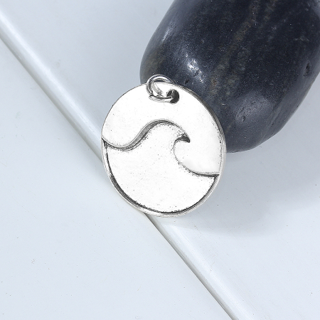 Zinc Based Alloy Charms Wave Antique Silver Color Round Disc 29mm(1 1/8") x 25mm(1"), 5 PCs