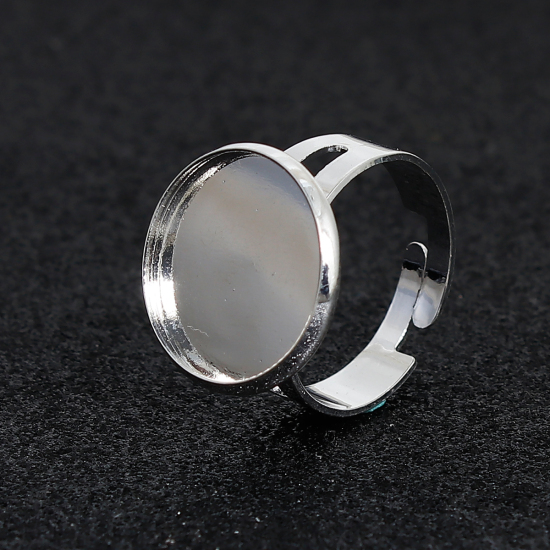 Picture of Brass Adjustable Rings Round Silver Plated Cabochon Settings (Fits 16mm Dia.) 17.5mm( 6/8")(US size 7), 5 PCs                                                                                                                                                 
