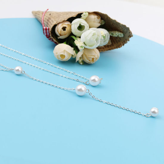 Image de Collier de Mariage Arrière en Acrylique Rond Argenté Blanc Imitation Perles 66cm long, 1 Pièce
