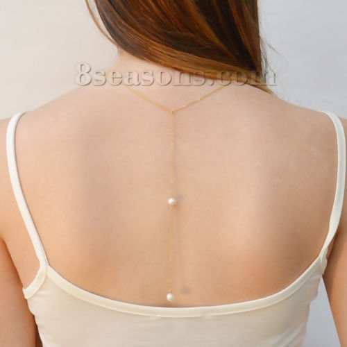 Bild von Acryl Rücken Hochzeit Halskette Vergoldet Rund Weiß Imitat Perle 71cm lang, 1 Strang