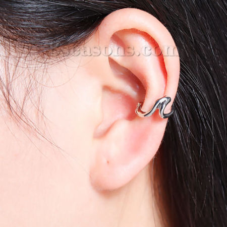 Ear Cuffs Clip Wrap Earrings Silver Tone Wave 15mm( 5/8") x 14mm( 4/8"), 1 Piece