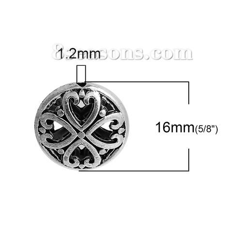 Immagine di Lega di Zinco Separatori Perline Tondo Argento Antico Cuore Scolpisce Filigrana Circa 16mm Dia, Foro:Circa 1.2mm, 10 Pz