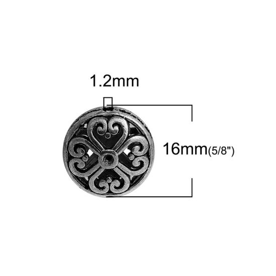 Immagine di Lega di Zinco Separatori Perline Tondo Argento Antico Cuore Scolpisce Filigrana Circa 16mm Dia, Foro:Circa 1.2mm, 10 Pz
