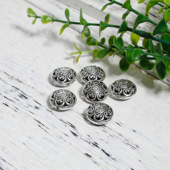 Immagine di Lega di Zinco Separatori Perline Tondo Argento Antico Cuore Scolpisce Filigrana Circa 16mm Dia, Foro:Circa 1.2mm, 10 Pz