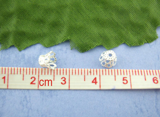 Picture of Alloy Filigree Beads Caps Cup Flower Silver Plated (Fits 6mm Beads) 6mm x 5mm, 600 PCs