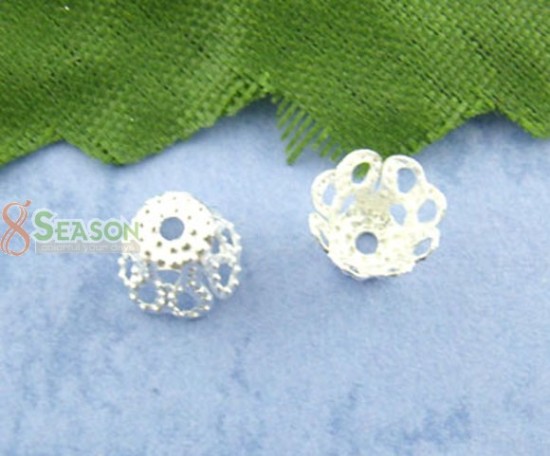 Picture of Alloy Filigree Beads Caps Cup Flower Silver Plated (Fits 6mm Beads) 6mm x 5mm, 600 PCs