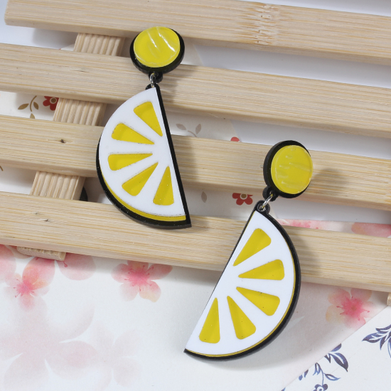 Picture of Acrylic Ear Post Stud Earrings Yellow Lemon 72mm(2 7/8") x 24mm(1"), Post/ Wire Size: (21 gauge), 1 Pair