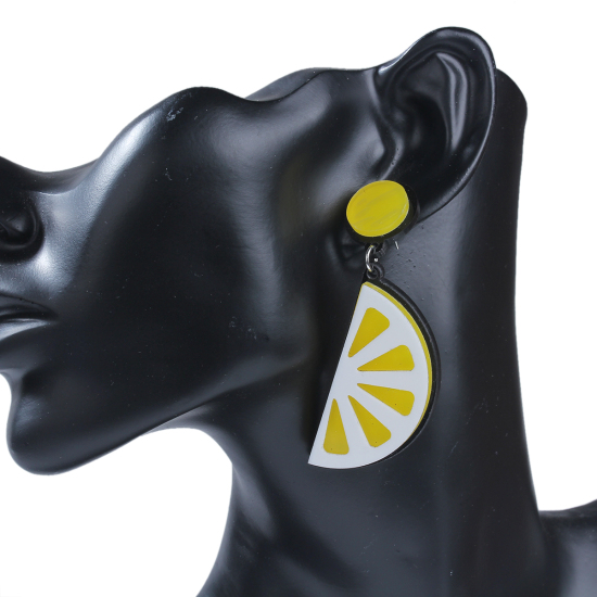 Picture of Acrylic Ear Post Stud Earrings Yellow Lemon 72mm(2 7/8") x 24mm(1"), Post/ Wire Size: (21 gauge), 1 Pair