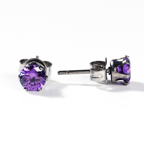 Picture of 304 Stainless Steel & Cubic Zirconia Ear Post Stud Earrings Silver Tone Purple Round 6mm( 2/8") x 5mm( 2/8"), Post/ Wire Size: (20 gauge), 1 Pair