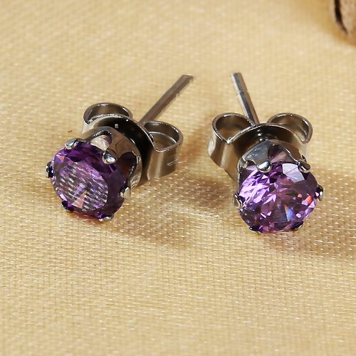 Picture of 304 Stainless Steel & Cubic Zirconia Ear Post Stud Earrings Silver Tone Purple Round 6mm( 2/8") x 5mm( 2/8"), Post/ Wire Size: (20 gauge), 1 Pair