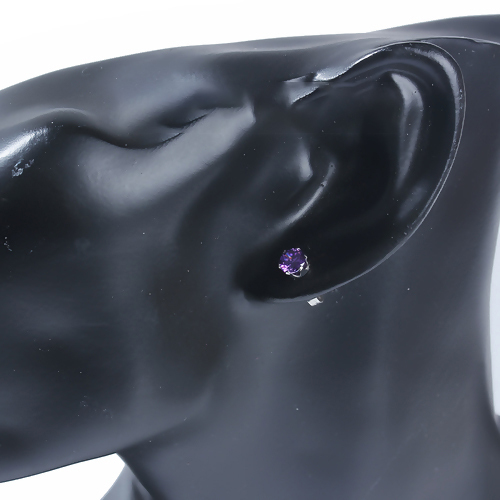 Image de Boucles d'Oreilles Puces en 304 Acier Inoxydable & Zircon Argent Mat Violet Rond 6mm x 5mm, Epaisseur de Fil: (20 gauge), 1 Paire