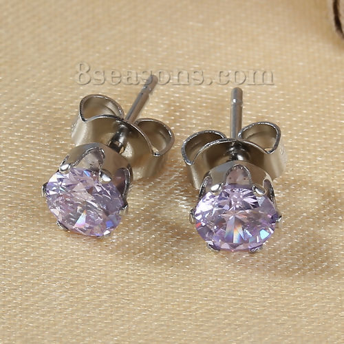 Picture of 304 Stainless Steel & Cubic Zirconia Ear Post Stud Earrings Silver Tone Mauve Round 6mm( 2/8") x 5mm( 2/8"), Post/ Wire Size: (20 gauge), 1 Pair