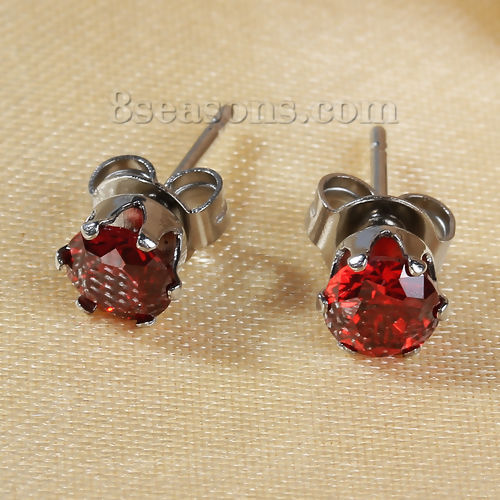 Picture of 304 Stainless Steel & Cubic Zirconia Ear Post Stud Earrings Silver Tone Red Round 6mm( 2/8") x 5mm( 2/8"), Post/ Wire Size: (20 gauge), 1 Pair