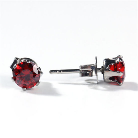 Picture of 304 Stainless Steel & Cubic Zirconia Ear Post Stud Earrings Silver Tone Red Round 6mm( 2/8") x 5mm( 2/8"), Post/ Wire Size: (20 gauge), 1 Pair