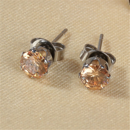 Picture of 304 Stainless Steel & Cubic Zirconia Ear Post Stud Earrings Silver Tone Pink Round 6mm( 2/8") x 5mm( 2/8"), Post/ Wire Size: (20 gauge), 1 Pair