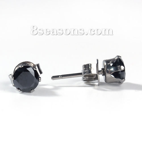 Picture of 304 Stainless Steel & Cubic Zirconia Ear Post Stud Earrings Silver Tone Black Round 6mm( 2/8") x 5mm( 2/8"), Post/ Wire Size: (20 gauge), 1 Pair