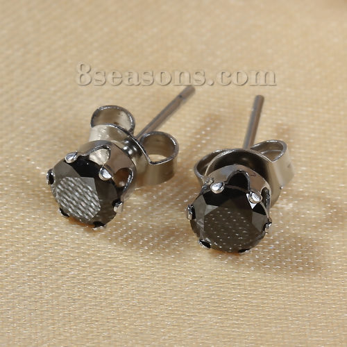 Picture of 304 Stainless Steel & Cubic Zirconia Ear Post Stud Earrings Silver Tone Black Round 6mm( 2/8") x 5mm( 2/8"), Post/ Wire Size: (20 gauge), 1 Pair