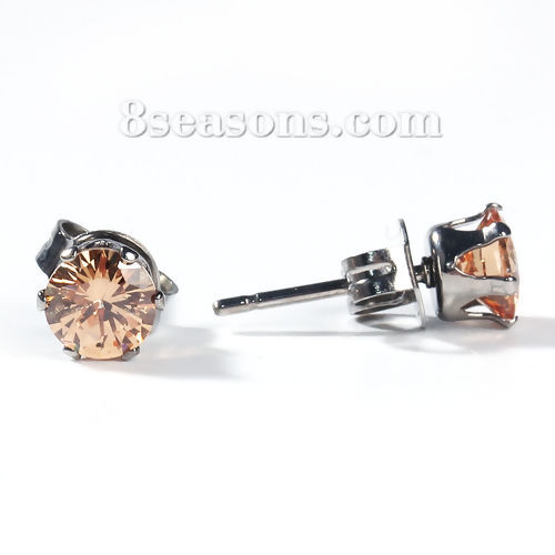 Picture of 304 Stainless Steel & Cubic Zirconia Ear Post Stud Earrings Silver Tone Champagne Round 6mm( 2/8") x 5mm( 2/8"), Post/ Wire Size: (20 gauge), 1 Pair
