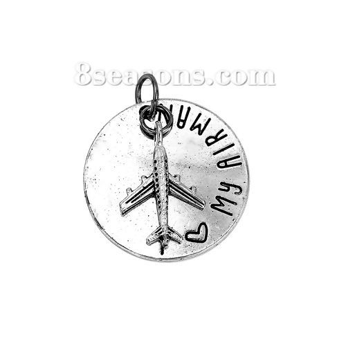 Imagen de Zamak Colgantes Ronda Plata Antigua Avión " I LOVE MY AIRMAN " 35mm x 30mm, 3 Unidades