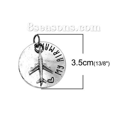 Imagen de Zamak Colgantes Ronda Plata Antigua Avión " I LOVE MY AIRMAN " 35mm x 30mm, 3 Unidades
