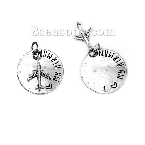 Imagen de Zamak Colgantes Ronda Plata Antigua Avión " I LOVE MY AIRMAN " 35mm x 30mm, 3 Unidades