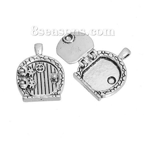 Picture of Zinc Based Alloy Pendants Door Antique Silver Color Can Open 32mm(1 2/8") x 25mm(1"), 2 PCs