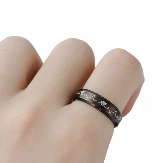Picture of Titanium Steel Unadjustable Rings Black Heartbeat/ Electrocardiogram 19.1mm(US Size 9.25), 1 Piece