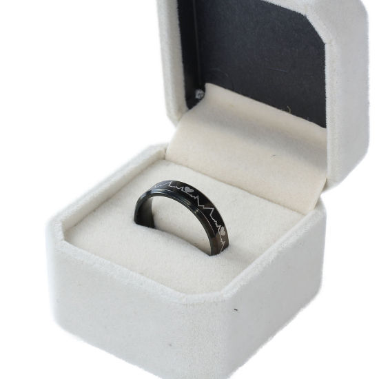 Picture of Titanium Steel Unadjustable Rings Black Heartbeat/ Electrocardiogram 20.6mm(US Size 11), 1 Piece