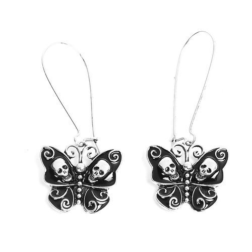 Bild von Ohrring Antiksilber Schwarz Schädel Schmetterling Emaille 5.8cm x 2.5cm, Drahtstärke: (21 gauge), 1 Paar