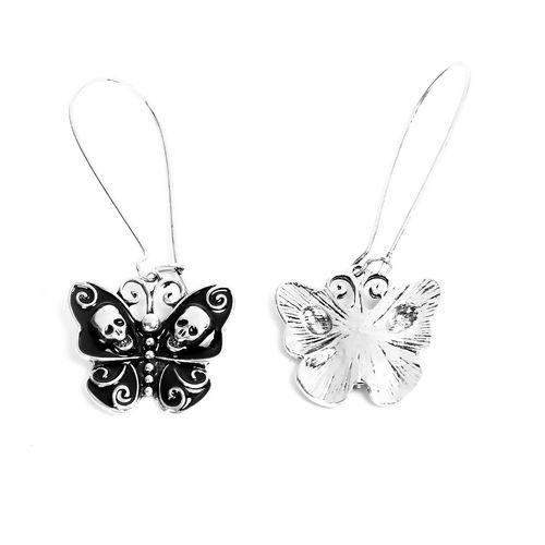 Picture of Earrings Antique Silver Color Butterfly Skull Black Enamel 5.8cm(2 2/8") x 2.5cm(1"), Post/ Wire Size: (21 gauge), 1 Pair