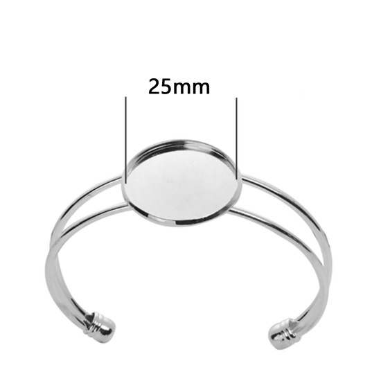 Picture of Copper Open Cuff Bangles Bracelets Round Silver Plated Cabochon Settings (Fits 25mm Dia.) 15.5cm(6 1/8") long, 1 Piece